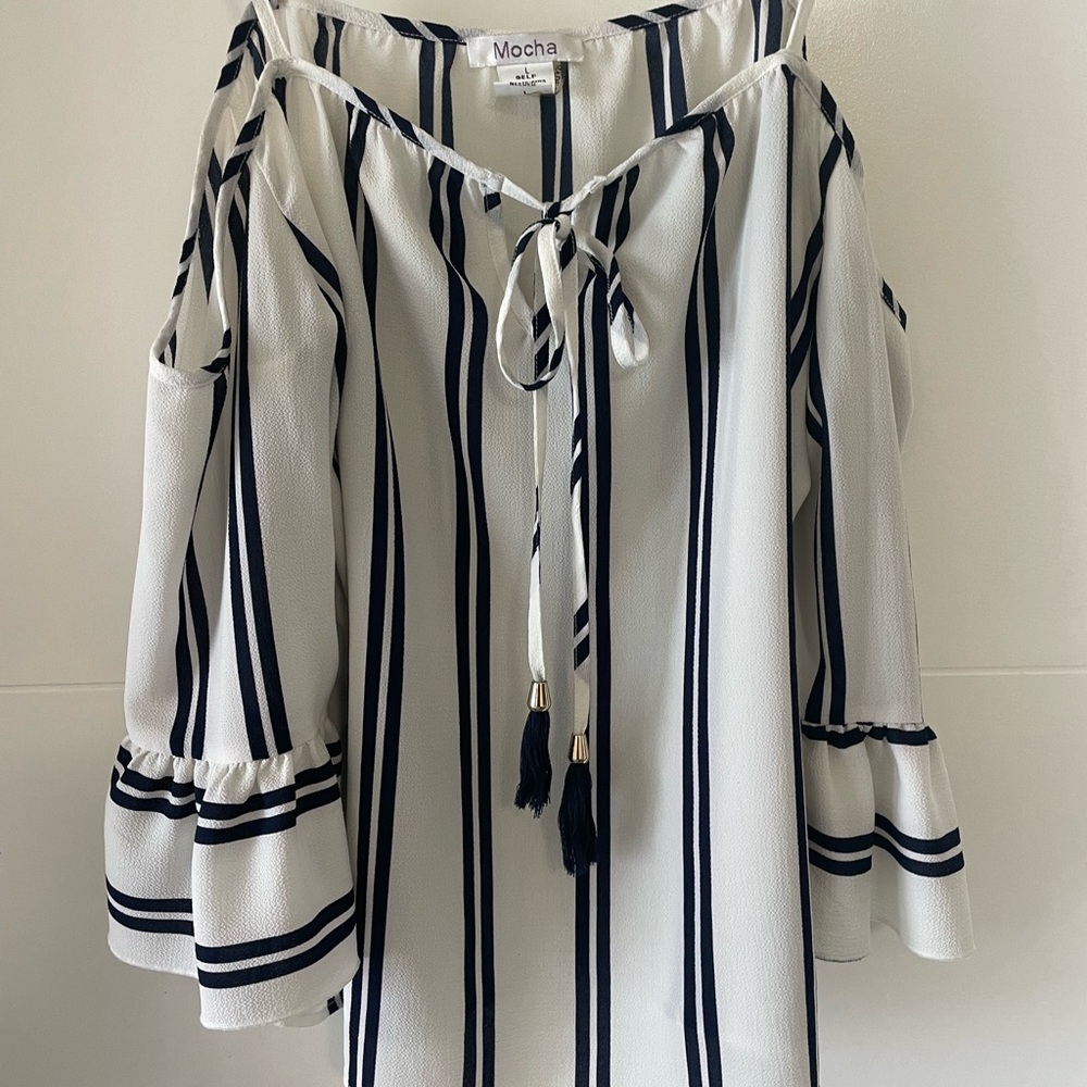 Mocha Navy & White Striped Cold Shoulder Blouse L